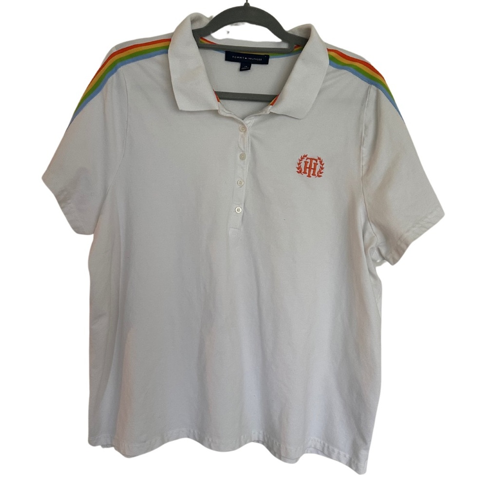 Tommy Hilfiger White Polo Shirt with Rainbow Trim - Size 2X